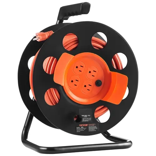 【toolupgrade】VEVOR Manual Extension Cord Reel, 100 ft High-Quality SJTOW Wire, 12AWG Durable Wires, 4 Outlets, Dust Cover, Portable Handle, Circuit Breaker, Easy to Store, UL-Tested, for Toolshed, Outdoor Use, Garage