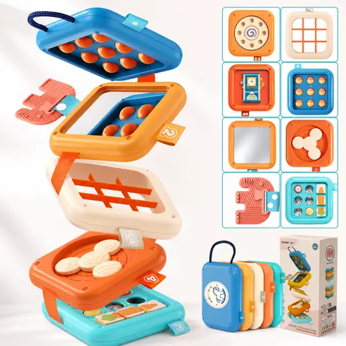 Montessori Busy Cube Travel Toys for Toddlers 1-6 – Stackable 7-in-1 Sensory Activity Cube with Carry Handle – Fine Motor Skills Fidget Toy for Car Plane – Birthday Gift for Boys & Girls Preschool Busy Board