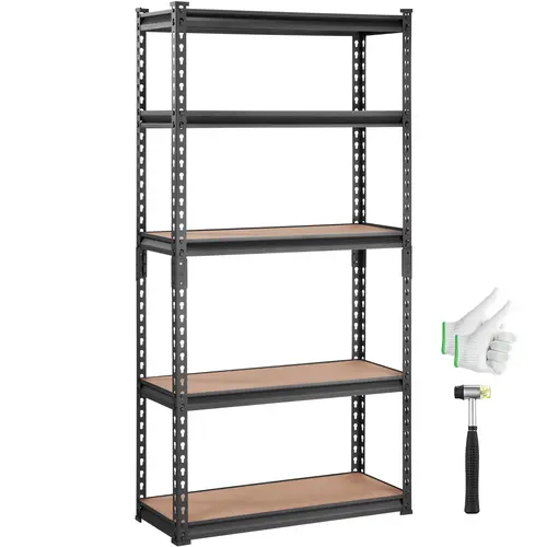 【toolupgrade】VEVOR Adjustable Garage Shelf, 5-Tier Heavy-Duty Metal Organiser, 2000 lbs Capacity 18×36×72 in Storage Unit for Garage, Pantry, Warehouse, Rubber Feet Keep Floors Scratch-Safe - Black