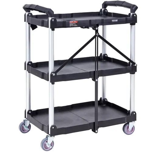 【toolupgrade】VEVOR 3-Shelf Heavy-Duty Synthetic Polypropylene Foldable Utility Cart, Collapsible Rolling Stand with Lockable Transport Wheels, Ergonomic Handle, 165LBS Capacity Racks for Home/Warehouse (25.62"x15.43"x32.76")
