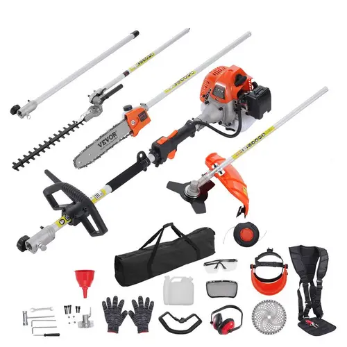 【toolupgrade】VEVOR 52CC 6-in-1 Multi-Functional Tool Kit, Gas Hedge Trimmer, Weed Eater, String Trimmer, Brush Cutter, Edger, Pole Saw Chainsaw Pruner with Extension Pole & Metal Plastic Handle, Outdoor Gadgets Full Set for Cutting Grass