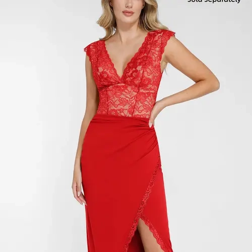 Popilush Lace Built-in Shapewear Deep V-Neck Bodysuit Detachable Skirt Tummy Control Adjustable Womenswear Vneck