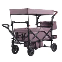 【toolupgrade】VEVOR Sturdy Unisex Pushchair Wagon for 2 Kids, Push-Pull Quad Collapsible Folding Travel Traveling Stroller, Adjustable Handle, Encircling Harness, Removable Canopy, 4-Wheel with Brakes, Multifunction Tandem Stroller for Camping