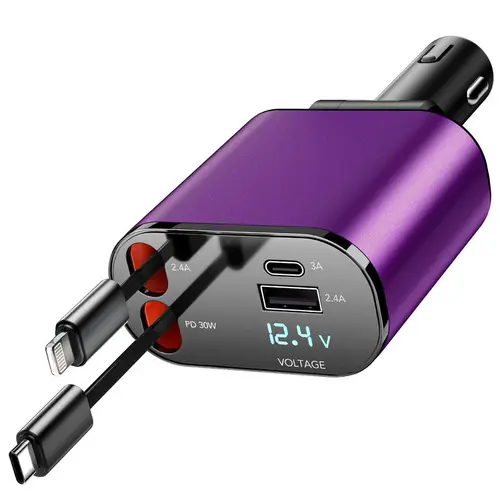 66W Fast Charge Retractable Car Charger - Multifunctional 4-in-1 USB Mobile Charger Adapter with 2 Retractable Cables, 2 USB Ports, Compatible with iPhone & Android Phones (Cars Accessories)