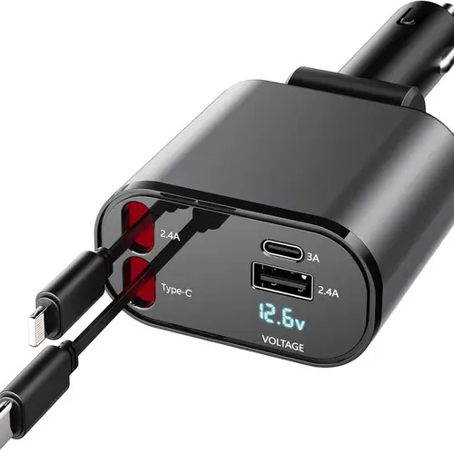100W 4-in-1 Retractable Car Charger - USB C Fast Charging Adapter with Lightning Cable & Dual Ports, Car Accessories, iPhone Charger, Multi-Port Cables for iPhone 15/14/13 Pro Max Plus, iPad, AirPods, Samsung Galaxy S23/S22/S10, Google Smartphones