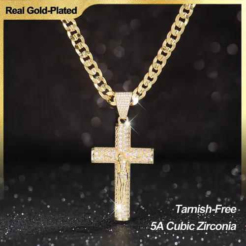 Holylegend 14 Karat Real Gold-Plated Men's Christian Cross Necklace - Advanced Nanotech Non-Tarnish Cuban Link, Figaro, Rope Miami Chains with Jesus Crucifix Pendant, 24in Daily Wear Jewelry Accessory Gift for Boyfriend, Men's Accessories