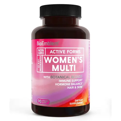 BioEmblem Women's High Potency GMP Certified Supplement - Key Vitamins Minerals, Active Forms Digestion Support, Hair-Skin-Nails Boost, Immunity Boost with Astragalus Root Extract (50% Polysaccharides) - Gluten-Free Veggie Blend, 90 Capsules