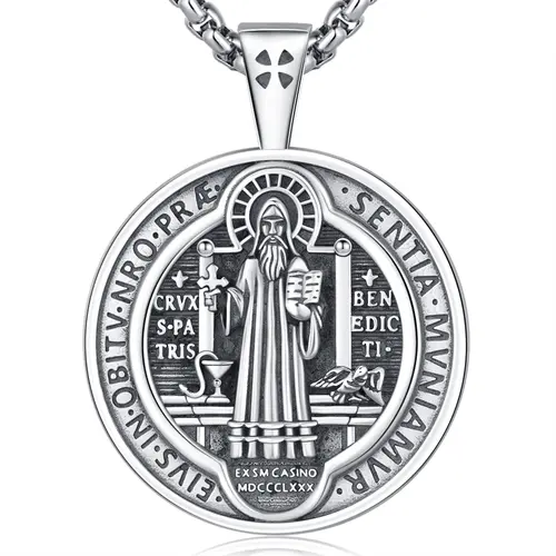 DRINSPER 925 Sterling Silver San Benito Medal Necklace - Christian Talisman, Religious Pendant, Exorcism Protection Cross Amulet, Jewelry for Women, Necklaces Gift