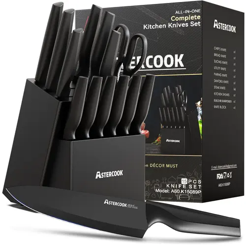 Summerwinsf2026 Astercook Premium Black Block Kitchen Knives Set - German High Carbon Stainless Steel, Serrated Blades, Built-in Sharpener, Chef, Steak, Bread Knives, Slicer, Scissors, Durable for Everyday Use by Kitchen Enthusiasts