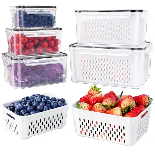 5 Pack Fridge Organizers and Storage - Stackable Fruit Storage Containers for Fridge with Removable Colander, BPA-Free Food Storage Container for Salad Berry Lettuce Vegetables Meat Keeper Fresh