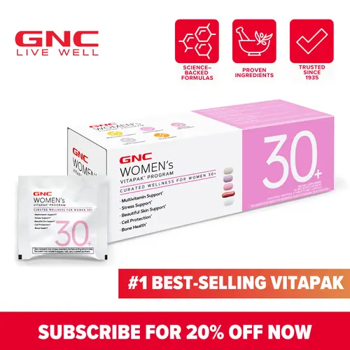 GNC Women's 30+ Vitapak 5-in-1 Dietary Supplement, 30 Count - 4 Tablets Daily, Multivitamin for Daily Needs, Stress & Bone Support, Skin Protection, Liver Health, Beauty Supplement Vitamin, Glutathione Defense, L-Theanine Relax, Stockup Option