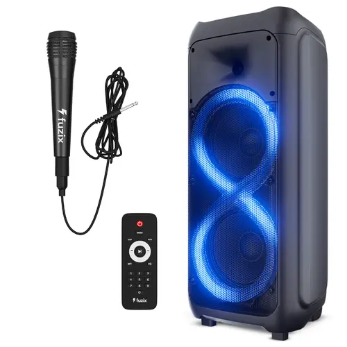 Sync Portable Rechargeable Karaoke Bluetooth Wireless Audio Speaker by Fuzix - With Built-in FM Radio, SD Input, USB Port, LED Lights, Mic and Remote Control Card Devices Tablets