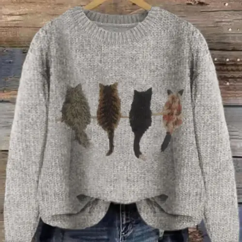 Women's Cat Print Drop Shoulder Soft Knitted Sweater, Casual Long Sleeve Round Neck Animal Print Jumper for Fall & Winter, Fashion Ladies' Knitwear for Daily Wear, Womenswear, Knitting Fit, Casual Loose Jumpers