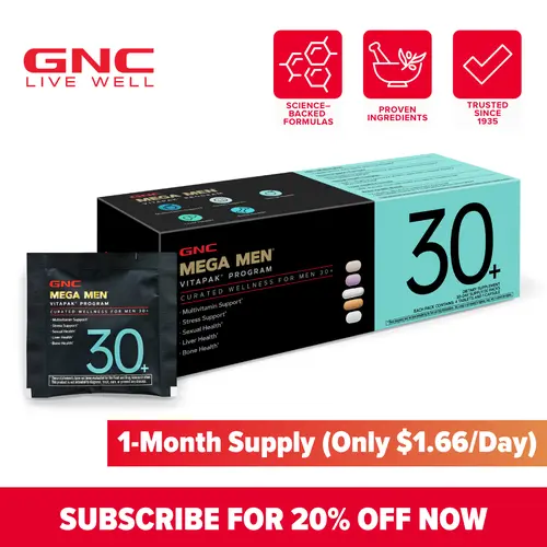 GNC Mega Men's 30+ Vitapak, 5-in-1, Multivitamin, Stress & Bone Support, 30 Count, Healthcare, Dietary Supplement, Overall Wellness, Fitness