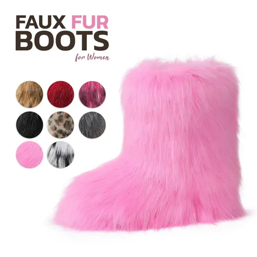 Faux Fur Boots For Women Mid Calf Round Toe Flat Heel Pull On Fluffy Fuzzy Shaggy Cozy Soft Party Home Wear Outdoor Activities Shopping Vacation All Day Wear Casual Gift Comfortable Cute Fashion Plush Short Boots