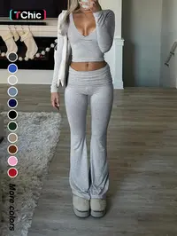 Slim-Fit Crop Top & Pants Two-Piece Set, Chic Solid Color V-Neck Long Sleeve for Fall and Winter, Airport Outfit Womenswear