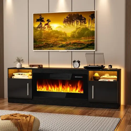 PUKAMI Fireplace TV Stand Entertainment Center with 36" Fireplace, 70" Wooden TV Stand for TVs Up to 80",Media TV Console with High Gloss Storage Cabinet and 16 Colors LED Lights