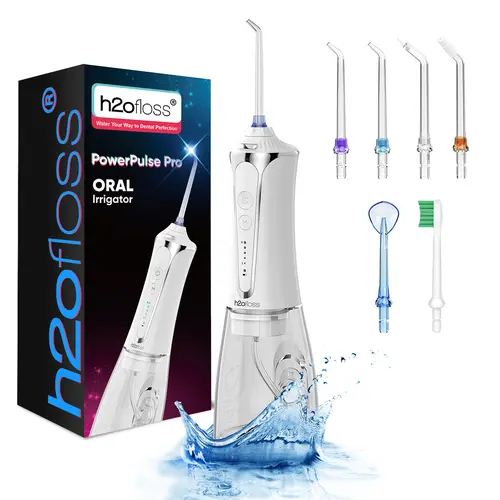 h2ofloss- Rechargeable Portable water flosser & Oral Irrigator – 300ML Water Tank, Whitening Tablets to Whiten Your Teeth, 5 Cleaning Modes, IPX7 Waterproof