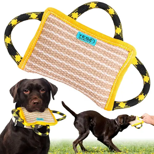 High Quality Jute 2in1 Dog Bite Pillow (10x7 In) - Durable Biting Pad & Tug Toy with 3 Comfortable Handles, for Medium-Large Dogs, Indoor & Outdoor Games, Training, Tug Of War