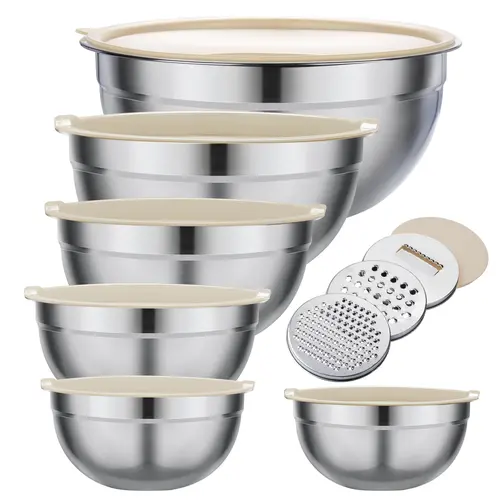 6-Piece Stainless Steel Multifunction Mixing Bowl Set with 3 Grinder Attachments, Large Capacity Reusable Bowls Cut Waste, Nesting Kitchen Food Organizer Tableware