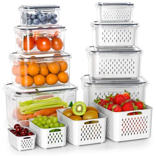 8-Pack Double Drainer Fruit & Vegetable Storage Containers, Kitchen Refrigerator Accessories, Stackable Bins Free Up Fridge Space, Food-Safe Storage Organization, Easy-Open Lids Make Prep Simple, Durable Household Essentials for Produce & Meat, Food-Safe
