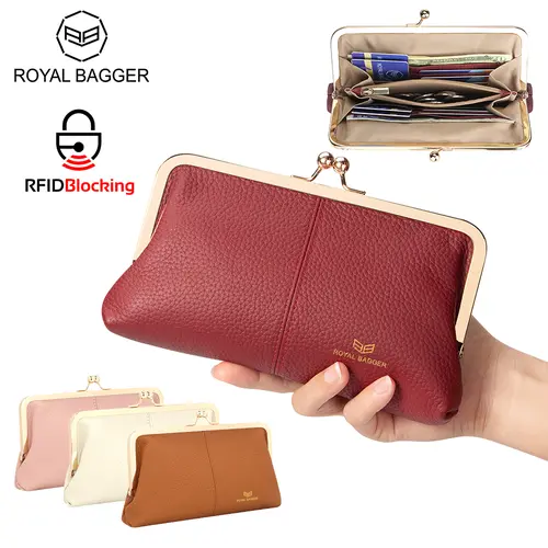 Royal Bagger RFID Shielded Multi-Functional Genuine Leather Solid Color Exquisite Cardholder Wallet - Multi-Card Slots, Kiss Lock Clutch Purse, Women's Gifts, Accessories for Women (1468), Multi Functional Wallet, Gifts For Women, Japanese