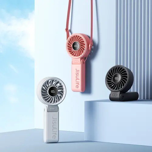 JISULIFE Compact 3-IN-1 Portable Folded Fan - 5000mAh Battery, 5 Gears Strong Wind, 19.5H Cooling, Adjustable Lock, Digital Controls, Hand/Desk/Neck Fan for Beach Travel Summer Use