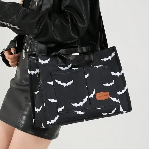 Women's Halloween Bat Pattern Canvas Crossbody Bag, Large Capacity Multi-Pocket Portable Shoulder Bag, Fashionable Crossbody Bag for Daily Use, Everyday Crossbody Shoulder Bags