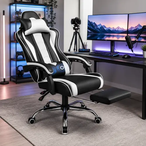【Massage Function】Yaheetech Ergonomic Gaming Chair with Massage Lumbar Support and Footrest, Swivel Rolling Chair and Headrest,Pu leather Desk Chair Reclining tall gaming