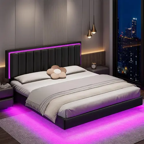 HOMBCK Floating Bed Frame with LED Lights, No mattress, Solid Wood Slats Support, No Box Spring Needed, Noise-Free, Easy Assembly, Modern Floating Bed#SohoChic#Homemakeover