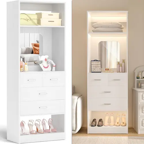 25'' W Freestanding Closet System - Sturdy Organizer with 4 Wooden Drawers, Big Mirror, Storage Shelves - Closet Tower for Dresser Organization, Modern Bedroom, Small Room Ideas