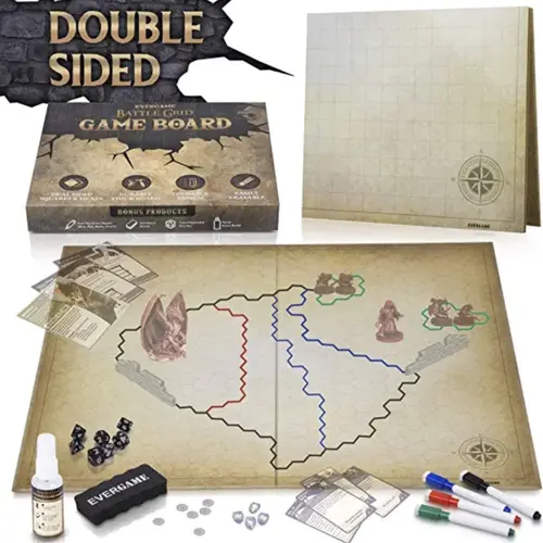 EverGame Dungeons & Dragons Double-Sided Tabletop Mat - 23x27 in Hex & Square Grid, PVC Coated, W/Dice Set, Classic Aged Map, Acrylic Markers Compatible, Spray Wipes Clean, for Tabletop Enthusiasts, Board Game Nights