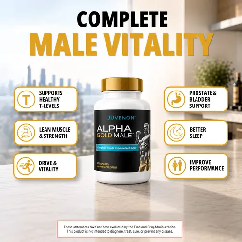 Juvenon Alpha Gold Men's Health Testosterone Support Healthy Supplement - Stimulant-Free Vitamins Supplements, KSM-66 Ashwagandha, Fenugreek, Boron Citrate, Saw Palmetto Extracts, Supports Muscles, Energy - 60 Capsules, 30-Day Supply