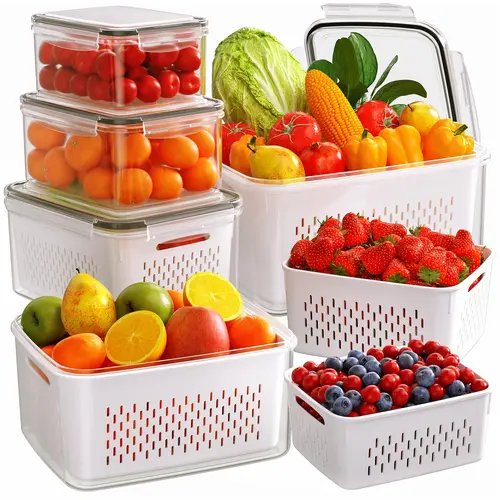 5/6 Pack BPA-Free Plastic Fruit & Vegetable Storage Boxes - Double Layer Drainage, Dual Compartment Food Storage, Stackable Lunch Container, Airtight Leak-Proof Kitchen Organizer, Snack Containers, Household Essential Utensil Holder