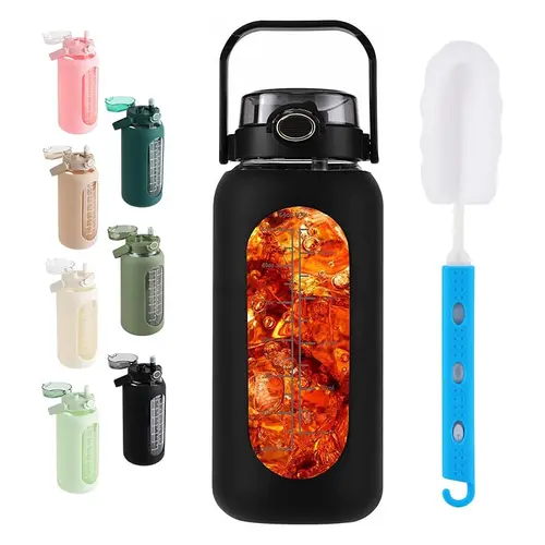 WINSA Water bottle 64oz Glass Water Bottle with Straw and Handle Lid Half Gallon Motivational Glass Bottle with Silicone Sleeve and Time Marker Large Reusable Sports Water Jug for Gym Home Workout,sohochic