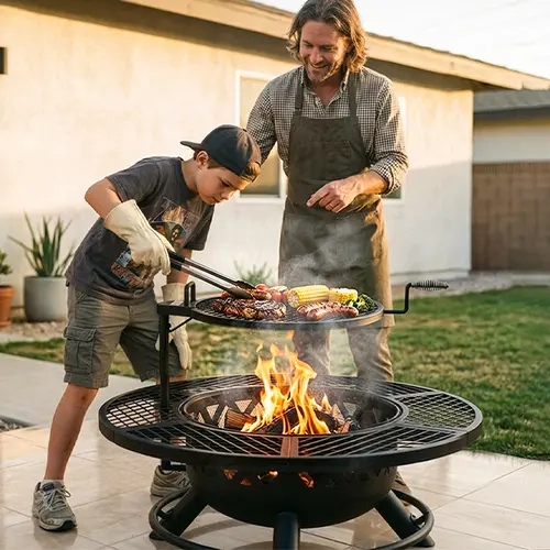BALI OUTDOORS 2-in-1 Wood Burning Fire Pit with Removable Cooking Grill Black Ultra-Durable Iron Grate 360-Degree Rotation Adjustable Height for Heating and BBQ