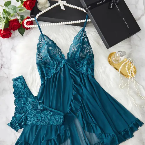 Ladies' Sexy Ruffle Trim Cami Nightdress & Bow Decor Panty Set, Comfortable Playful Floral Lace Sheer Sleepwear Set, Glamour Set, Lingerie Underwear