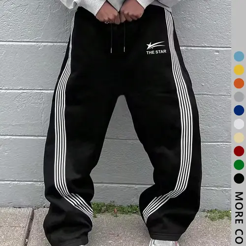 Men's Letter & Stars & Striped Print Drawstring Waist Graphic Print Sweatpants, Regular Fit Casual Street Elastic Waist Pants for Fall & Winter, Men's Trousers for Daily Wear, Drawstring Waist Athleisure, Athleisure Style Bottoms