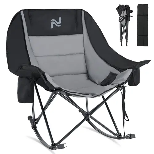 SLSY Heated Oversized Rocking Camping Chair, Outdoor Padded Recliner Folding Lawn Chair with Side Pocket, Portable Heated Rocking Chair for Camping, Patio, Sports Events & Outdoor Relaxation 【Battery Not Included】