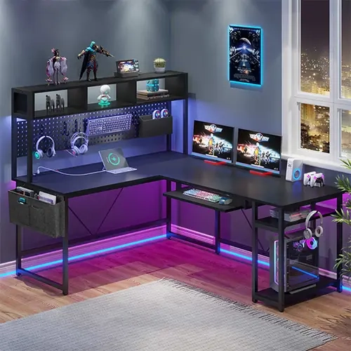 SIKAIC L-Shaped Reversible LED Computer Gaming Desk with Power Outlets, Modern Corner Computer Desk for Gaming Setup, Office Use, Computer Gaming Desks, Computer Working Desk, Office Computer Desk