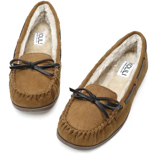 KOLILI Women's Suede Moccasin Slippers with Bows, Warm Plush Lined Indoor/Outdoor Slip-Ons with a Steady Rubber Grip, Slippers For Women, Casual