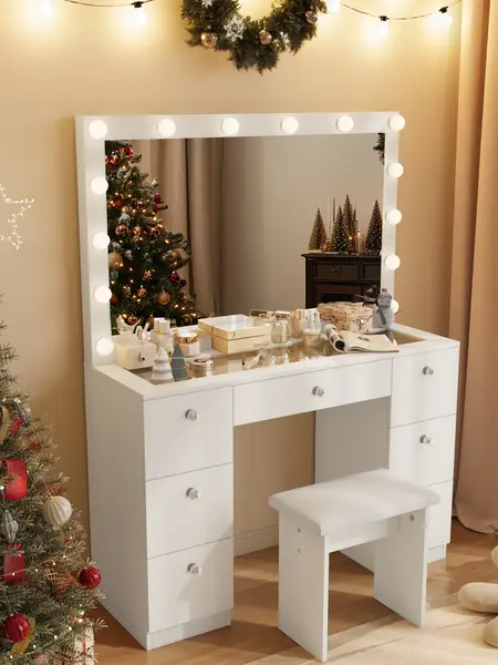 VOWNER Modern Makeup Vanity Desk with Lighted Mirror and Stool,Makeup Table Sets with Drawers and Glass Desktop, vanity mirror,SohoChic