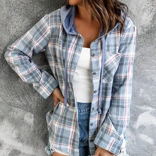 Women's Plaid Print Button Front Drawstring Hooded Coat Jackets, Casual Drop Shoulder Long Sleeve Pocket Outerwear for Fall & Winter, Ladies Clothes for Daily Wear