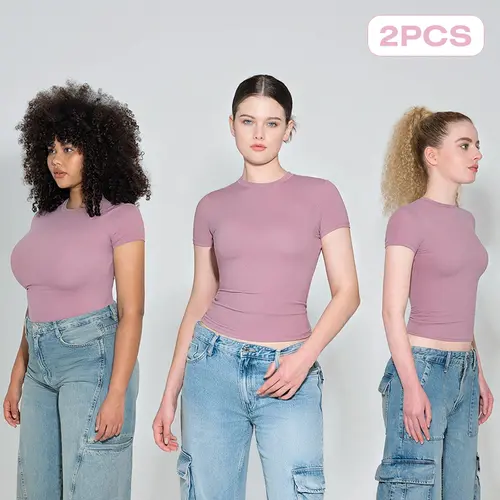 PUMIEY Women's 3-Pack Crew Neck T-Shirt, Minimalist Short Sleeve Round Neck Double Layer Basic Top for Lady, Shortsleeve, Casual,back to school,back to school shopping, Comfortable