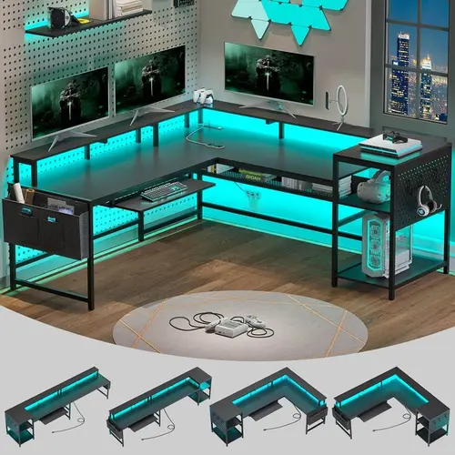 Sikaic Modern L-Shaped Ergonomic Gaming Desk - Adjustable Office Furniture with LED Lights, Reversible Design, Built-In USB Outlet, Monitor Shelf, Under-Desk Shelf for Home Office Use