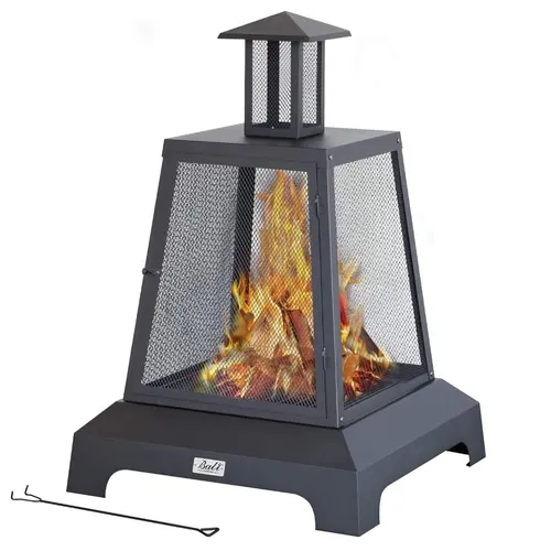 BALI OUTDOORS 27.5" Square Chimenea Wood Burning Fireplace – Iron Fire Pit with Fire Poker, Mesh Spark Screen & Charcoal Grid for Garden and Backyard