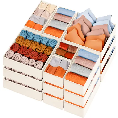 Criusia 15-Pack Beige Divided Fabric Storage Bins (11"x5.5"x5") - Multifunctional Drawer Container for Wardrobe, Dorm, Holds Socks, Underwear, Bras, Perfume | Home Organization Boxes Summer Sale