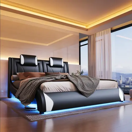 [Summerwins] AMERLIFE Bed Frame with LED Lights, Remote&APP Control, Modern Faux Leather Upholstered Bed with Headboard, Wave Like Curve Design, Safety&Comfy, No Box Spring Needed/Luxury Furniture/Full/Queen Size/Christmas Gifts