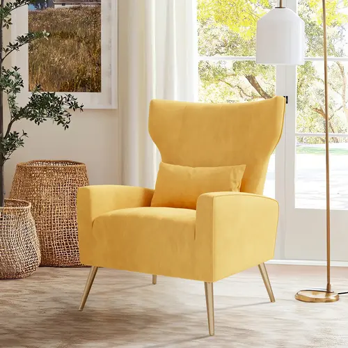 Mid-Century Modern High-Back Velvet Upholstered Accent Chair - Interior Recliner Chair with Modern Aesthetics, Stable Metal Legs, FSC Wood Frame, Spring Support, 300 lbs Capacity, Living Room/Bedroom Seating, Orange, Assembly Required, Easy Installation