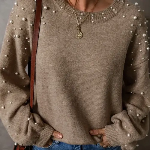 Women's Faux Pearl Decor Drop Shoulder Sweater Tops, Casual Long Sleeve Round Neck Jumper for Fall & Winter, Fashion Ladies' Knitwear for Daily Wear